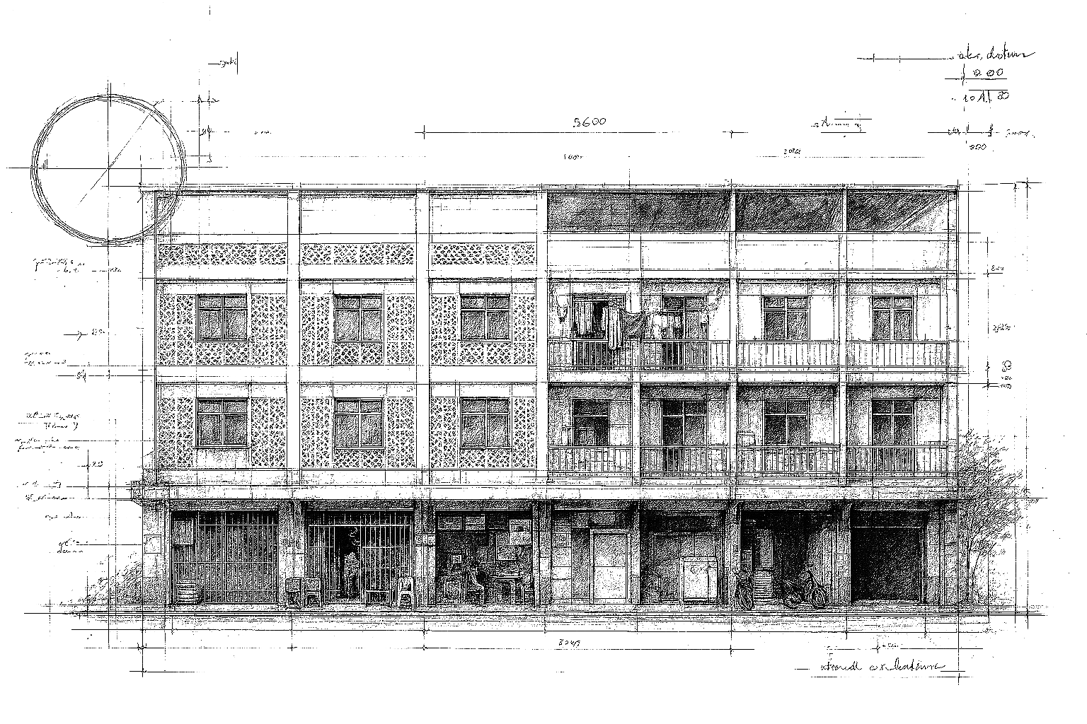 Architectural blueprint of a multi-story building with detailed measurements, windows, balconies, and ground floor entrances, including a circular feature on the top left corner.