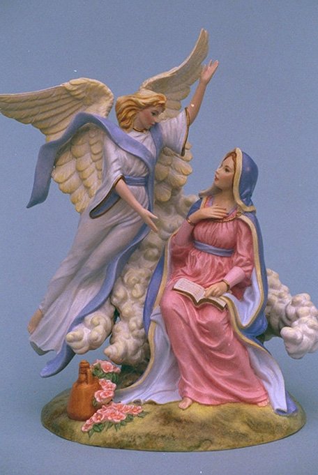 The Annunciation is a sculpture we created for United Design. It is very small but very detailed as you can see. This final version was produced in resin and hand painted.