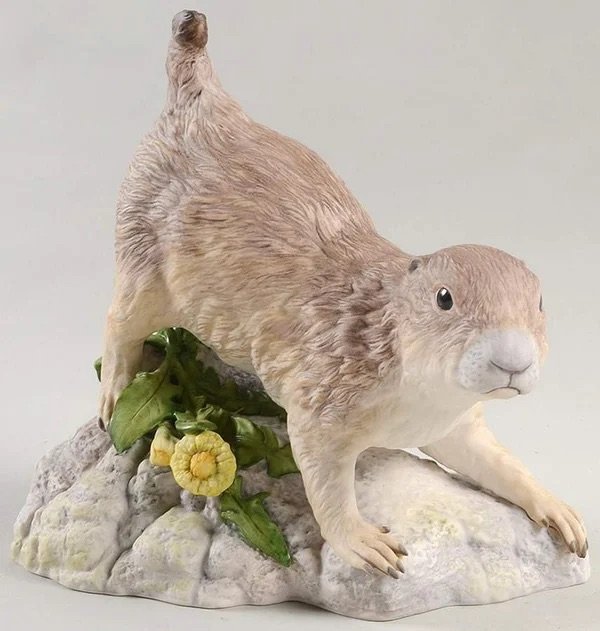 The prairie dog by Chuck Oldham was among his first works for Cybis. He never approved of how they painted this piece, or others. His job was to create the clay models and rework the plaster models required for plaster molds to cast in porcelain slip