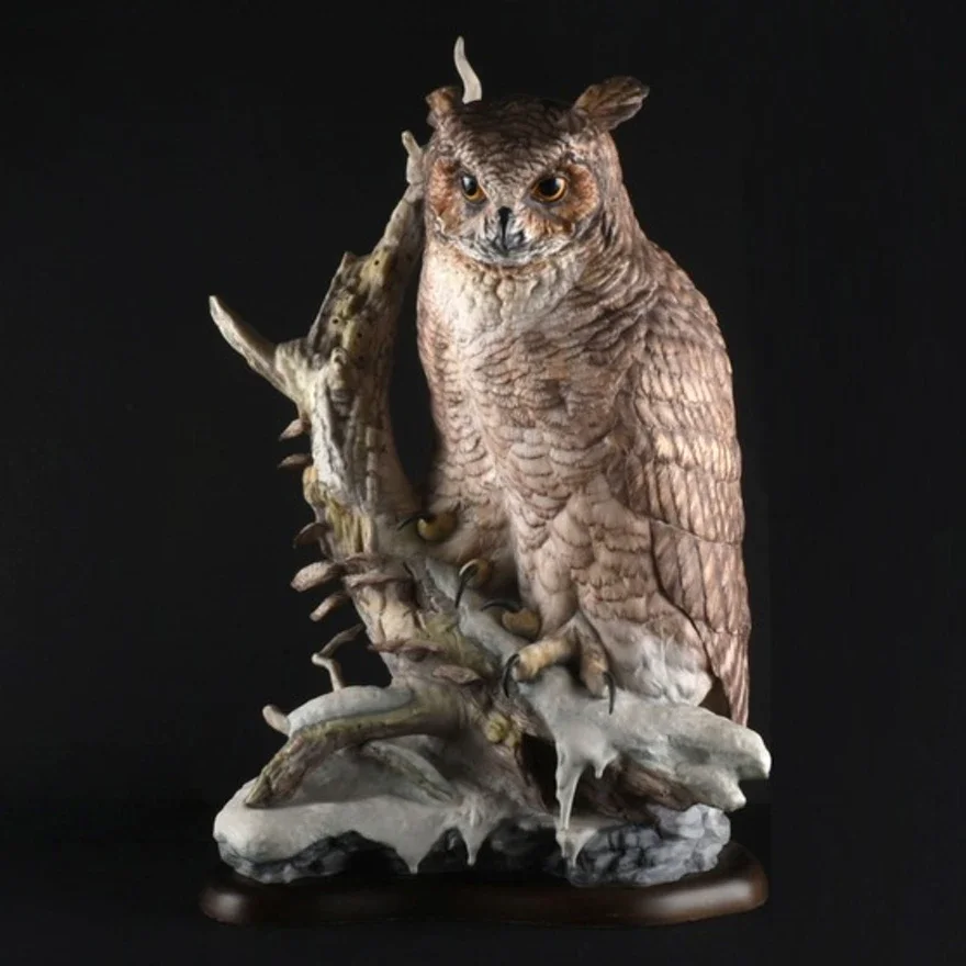 The Cybis Great Horned Owl was among Chuck Oldham's first porcelain sculptures for Cybis Porcelains. At the time, in the 1970s, it sold for $3,750 and was used by the US government diplomats as a gift to heads of states of foreign countries. It requi