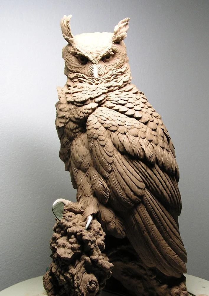 Chuck Oldham sculpted this life-size great horned owl for a bronze commission in the early 2000s. Notice the beak and talons are white since they were carved in plaster to ensure perfect smoothness. The final bronze cast is uniform in color.