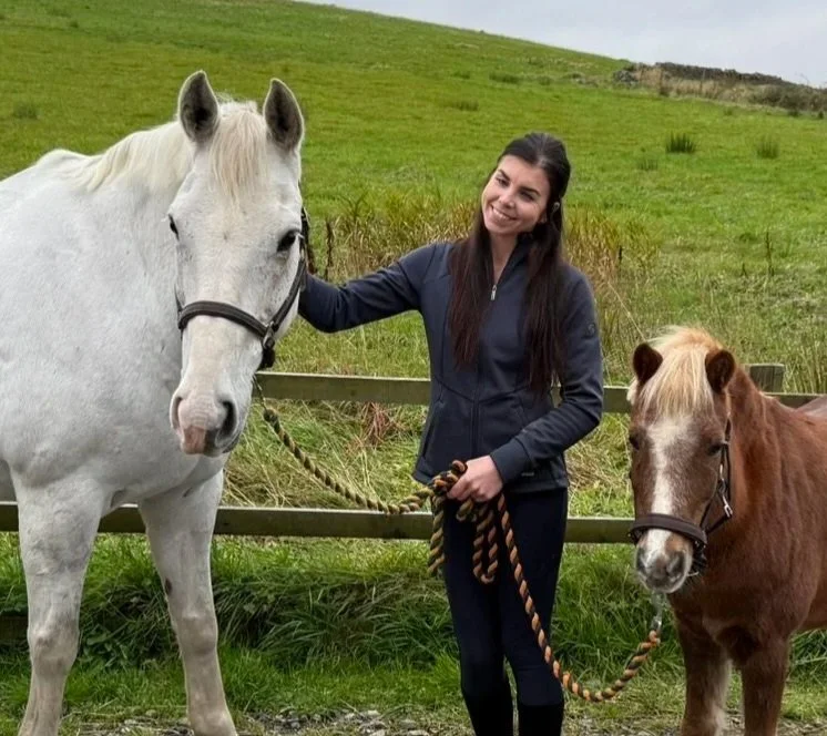 A young woman standing outside in a green field, holding the reins of two ponies, one white and one brown, with a fence and grassy hill in the background.