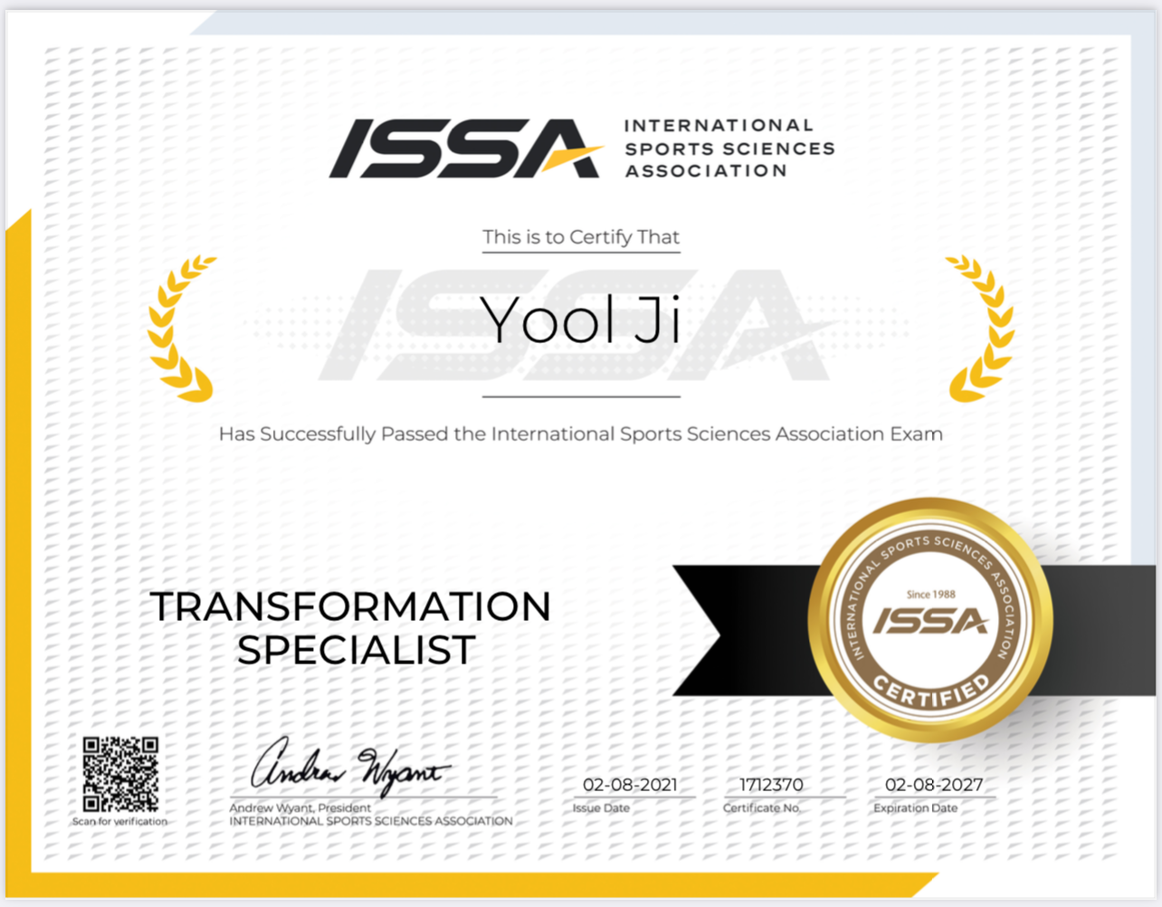 Certification from the International Sports Sciences Association awarded to Yool Ji for passing the exam, with a gold and black seal, signature, and QR code.