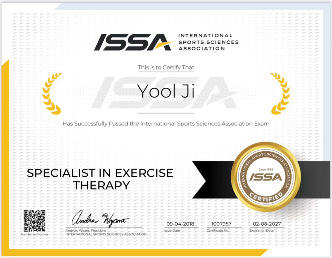 Certificate from the International Sports Sciences Association awarded to YooJi for passing the exam, dated September 4th, 2018, certifying specialization in exercise therapy, featuring gold and black design elements.