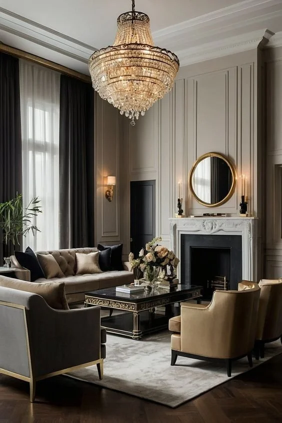 Elegant living room with a large crystal chandelier, beige sofas, gold and black armchairs, a marble fireplace with a round mirror above, and a black coffee table with a floral arrangement, all in neutral tones with dark curtains.