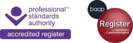 Logos of professional standards authority, British Association for Counselling and Psychotherapy, and Register of counsellors and psychotherapists.