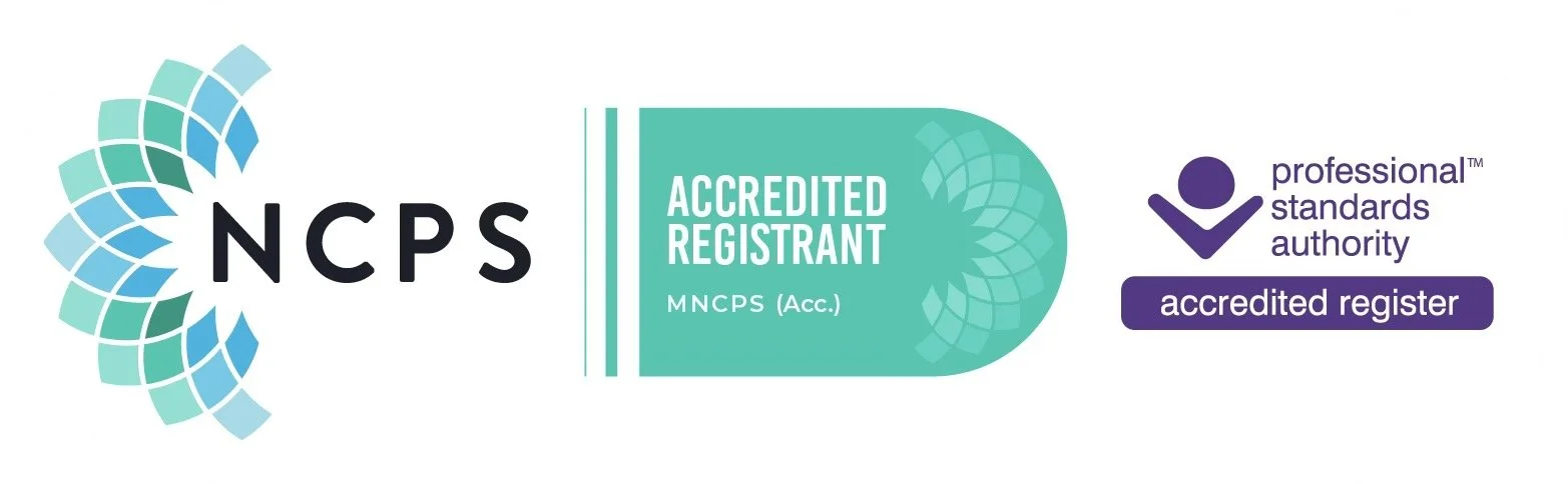 NCPS logo with a mosaic-like design, alongside a teal badge labeled "Accredited Registrant" and a purple badge indicating "accredited register" from the professional standards authority.