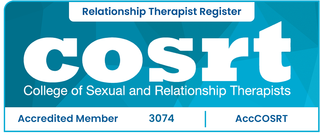 A certificate or badge for the College of Sexual and Relationship Therapists (COSRT), displaying the accreditation information and membership number.