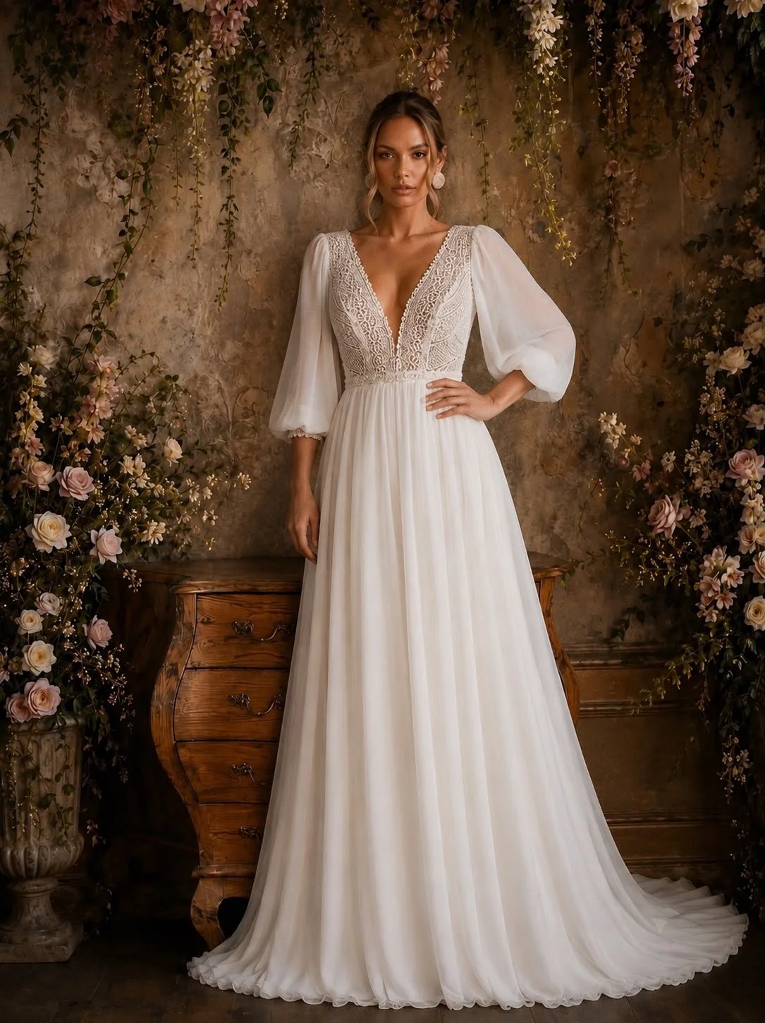 Bride wearing a flowing white lace wedding dress with puff sleeves, posed in a flower-filled vintage room.