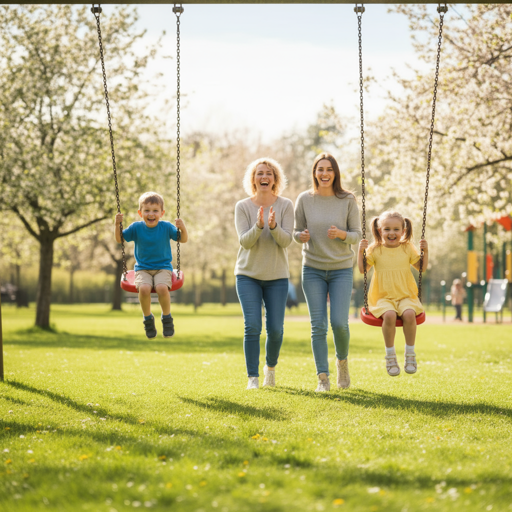 Happy children playing on swings outdoors with supportive adults — representing family wellbeing and pediatric ADHD care./ADHDNest