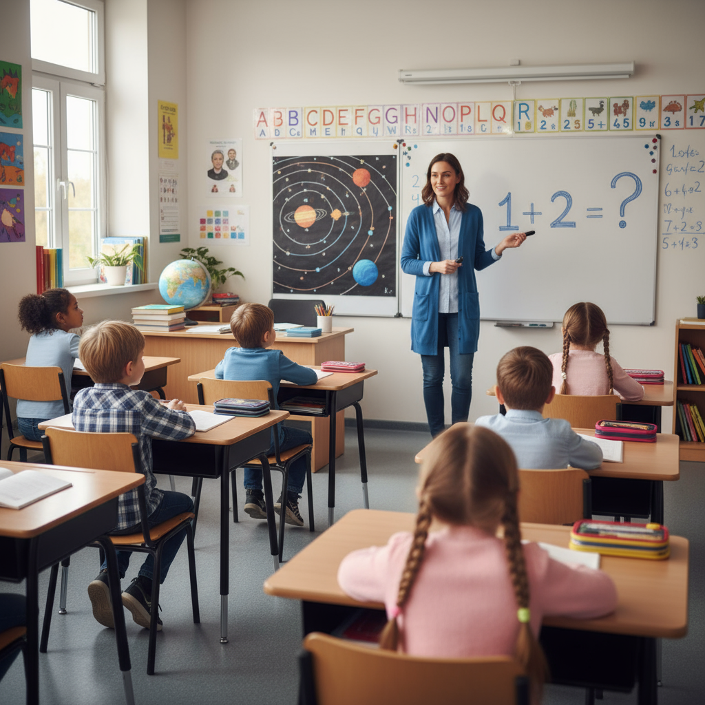 Teacher leading a classroom of young children, symbolizing focus, learning, and the support needed for ADHD monitoring and child development./ADHDNest