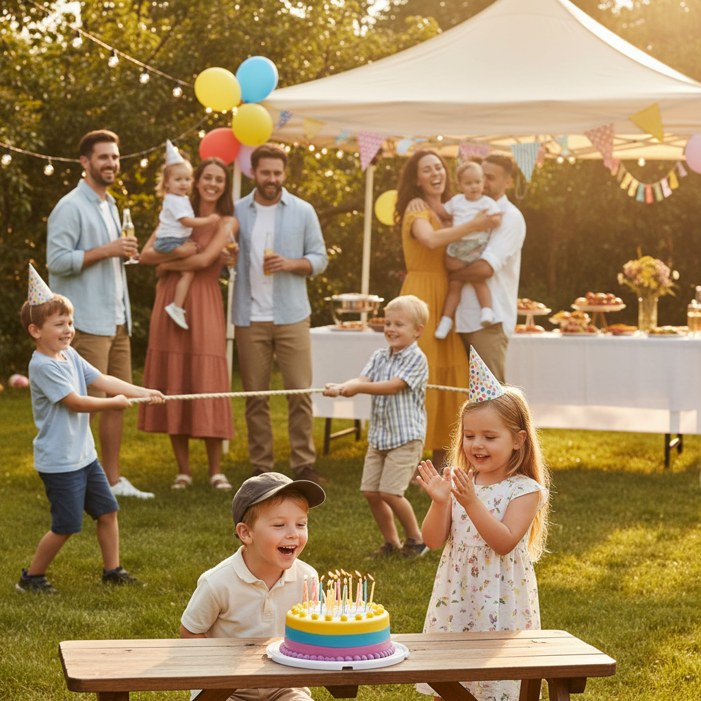 Family with children at outdoor party ADHD monitoring kit helps parents support kids at home./ADHDNest