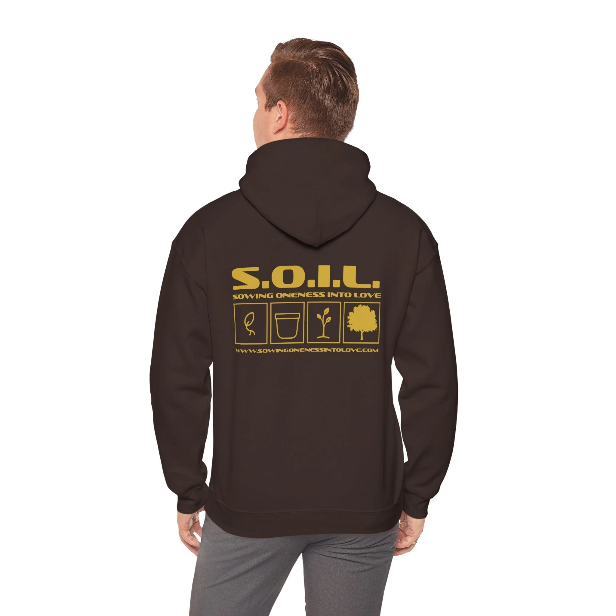 Back of a man wearing a black hoodie with yellow graphic text and icons, including a tree, a plant sprout, and a watering can, with a website URL at the bottom.