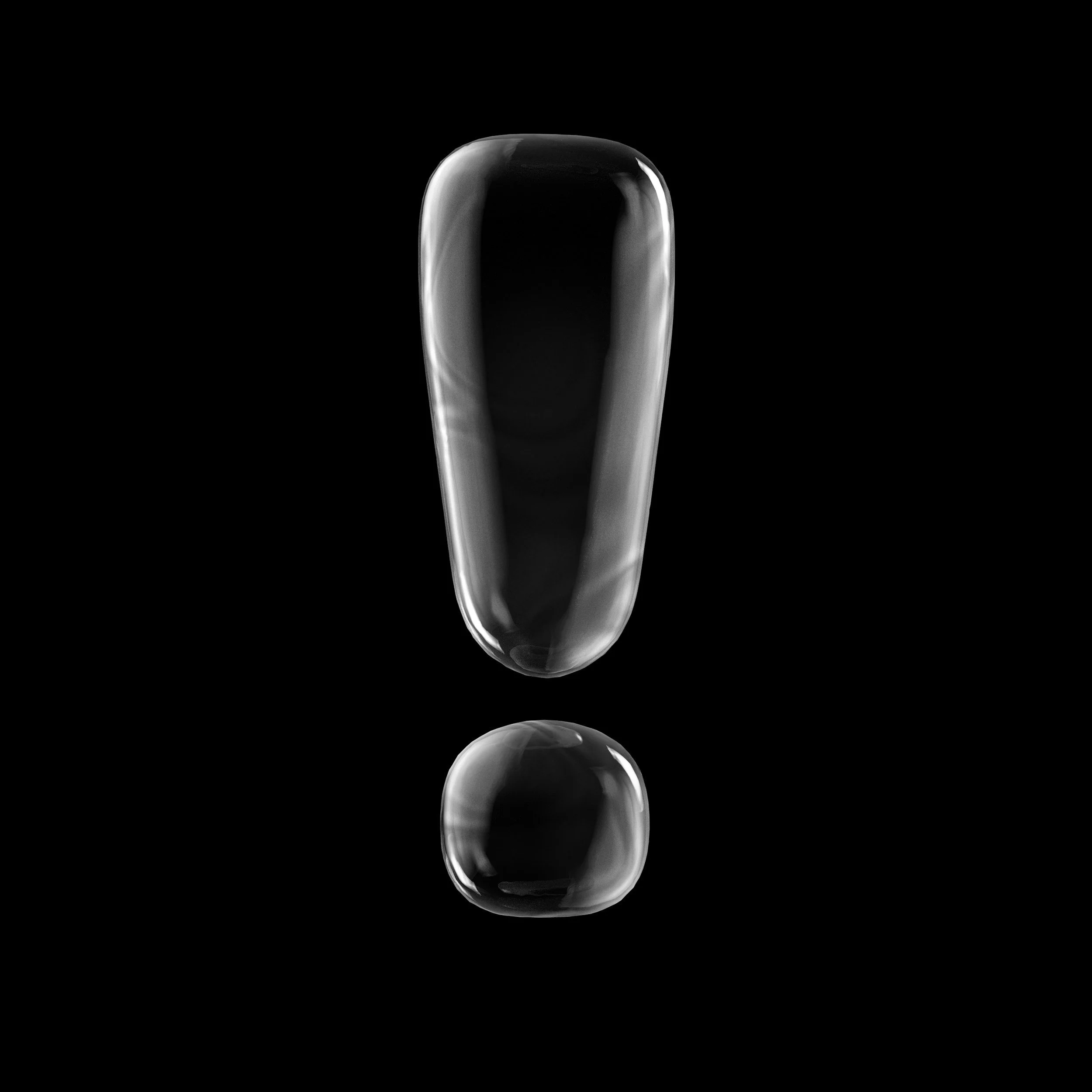 Close-up of a shiny, black exclamation mark on a reflective surface with a black background.