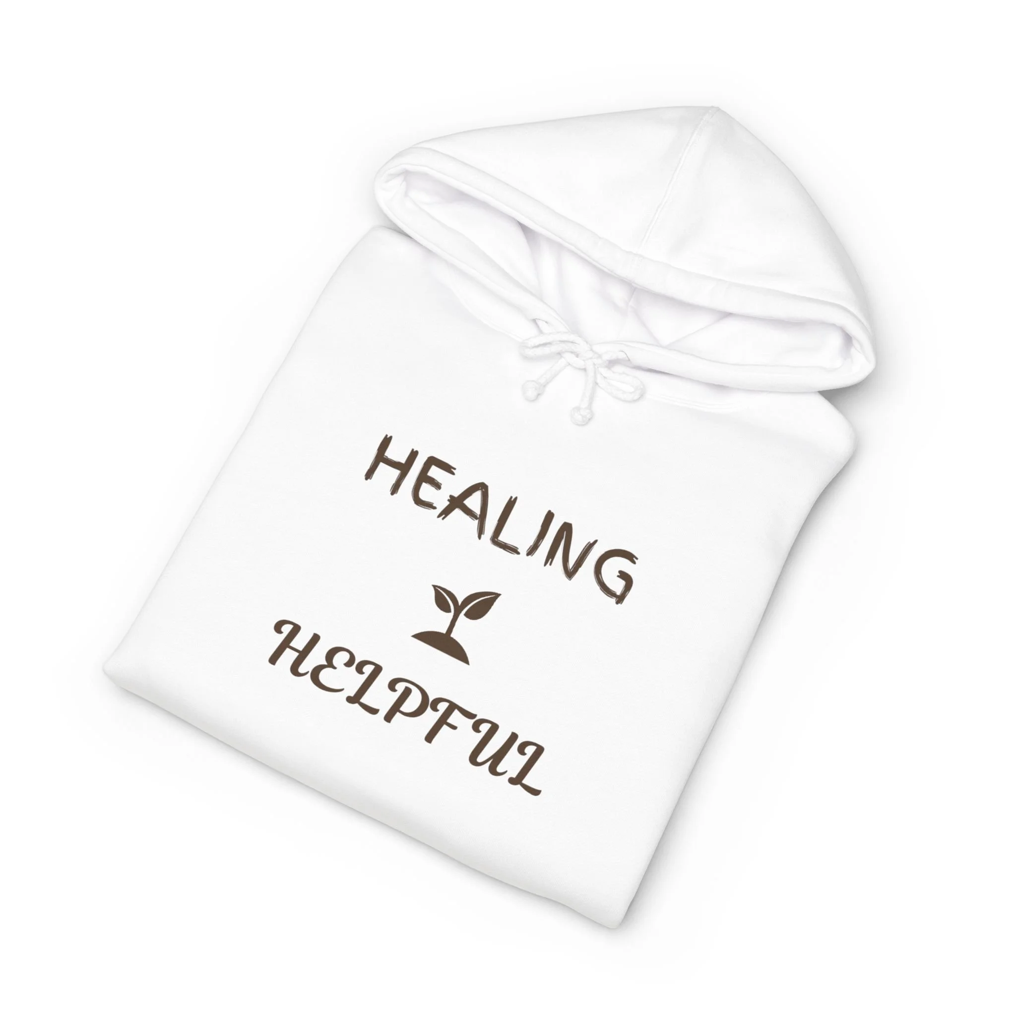 A white hoodie with black text reading 'HEALING' and a small plant symbol below the text.
