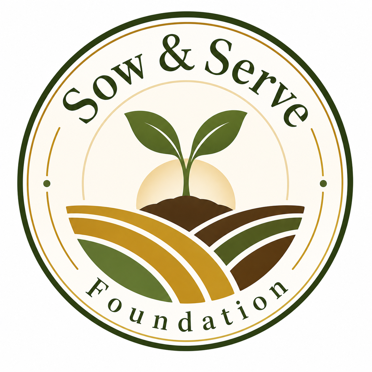 Seal of the Sow & Serve Foundation featuring a sprouting plant, farmland, and sun with green and brown colors.