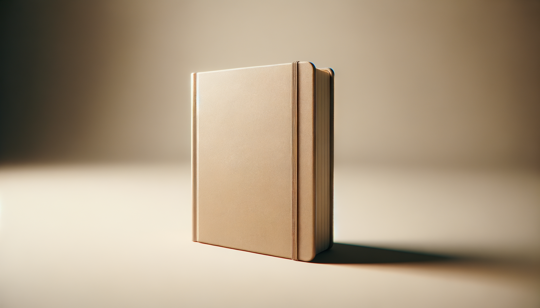 A closed beige hardcover book standing upright on a surface with soft lighting and a neutral background.
