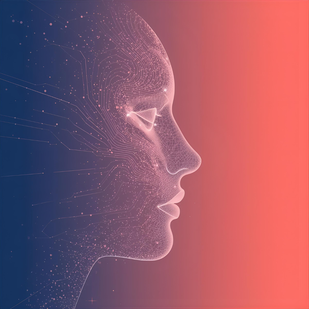 Abstract neural profile design in cobalt and coral tones representing creative intellegence and human-centered leadership.