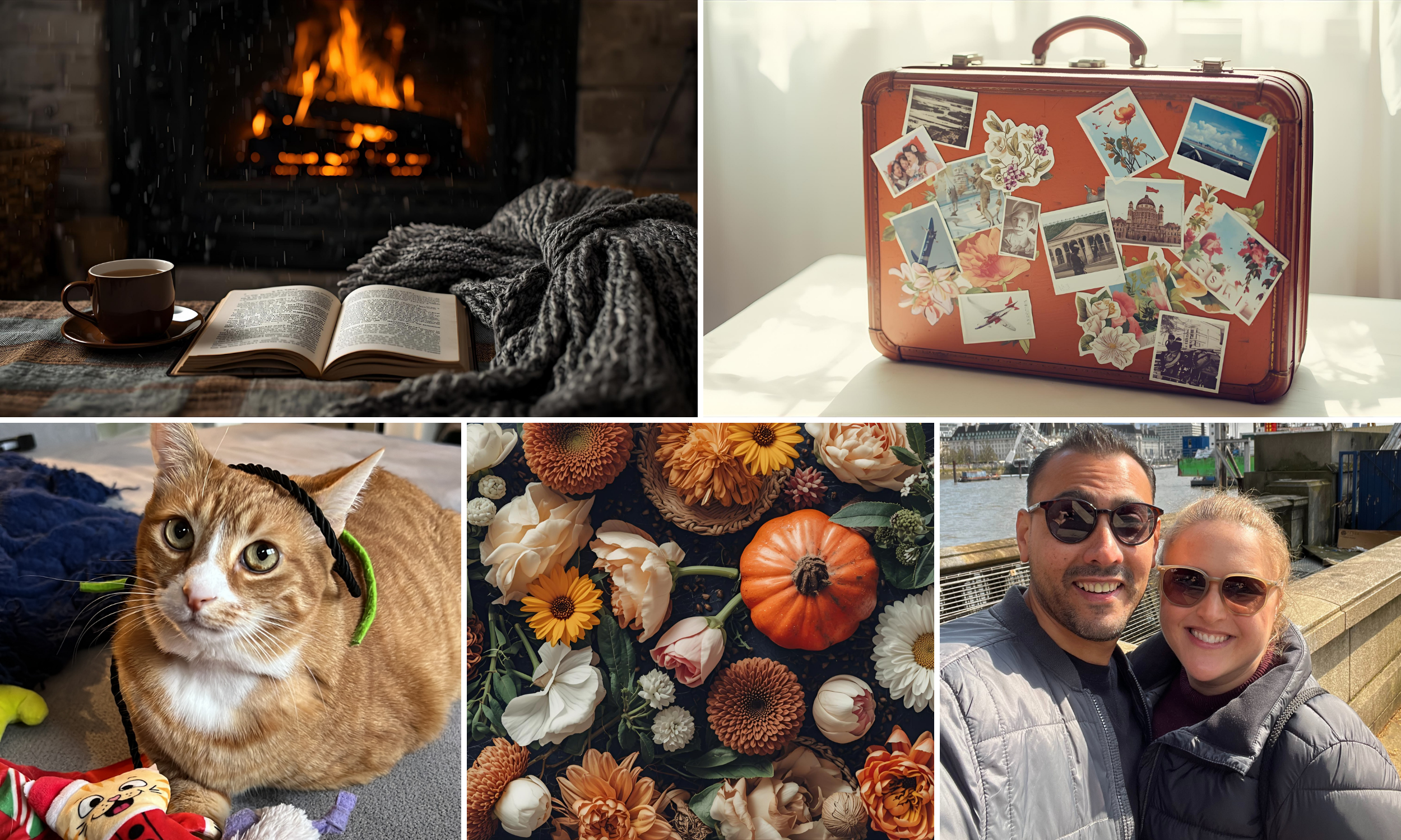 A collage of cozy moments by Jena Miller featuring a warm fireplace with tea and a book, a vintage suitcase covered in travel stickers, a cat named Olivia, autumn flowers, and a joyful photo with her husband, celebrating life's simple joys & moments.