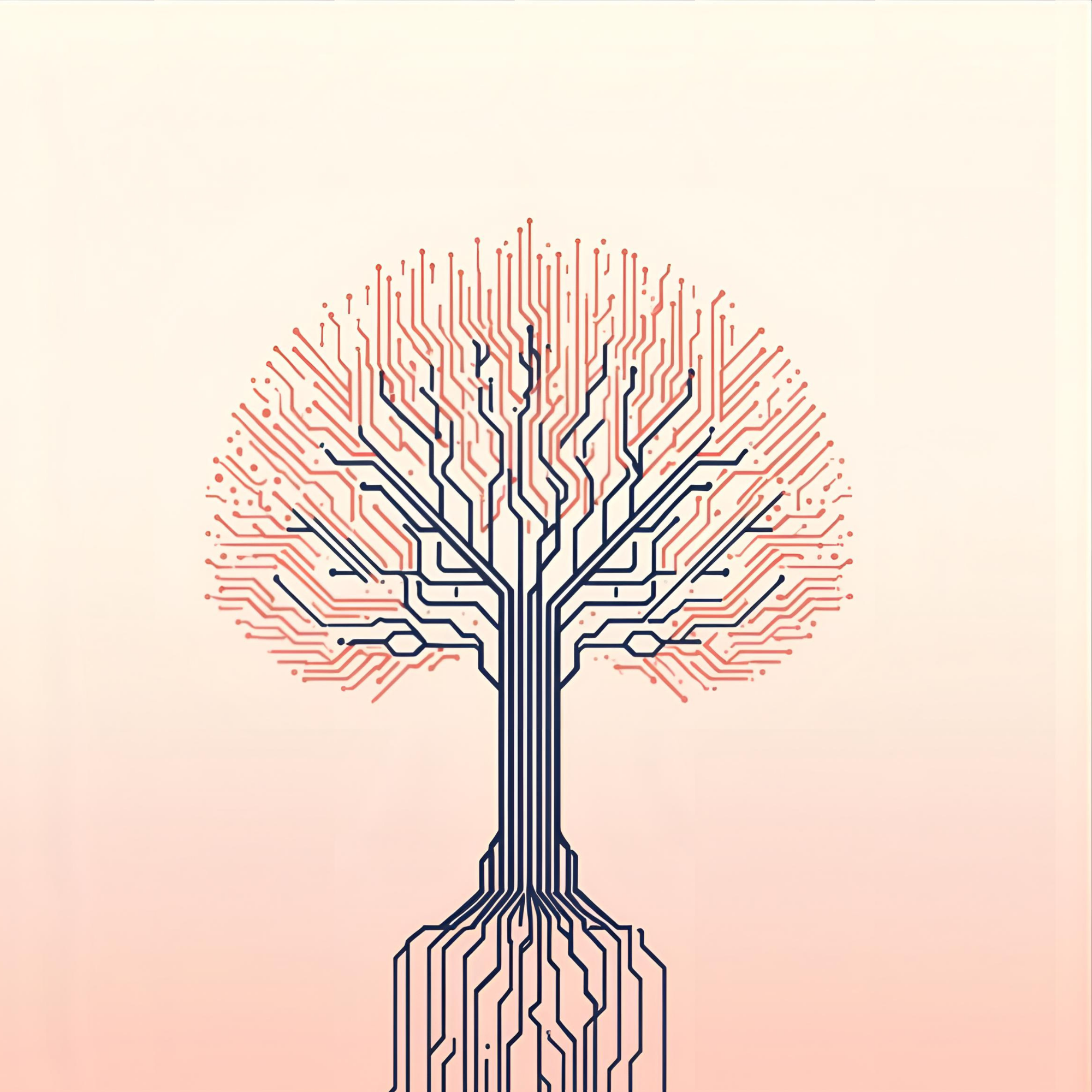 Abstract illustration of a digital tree blending nature and technology, symbolising curiosity, innovation, and growth. Represents Jena Miller's belief that exploration and creativity fuel intelligent transformation.