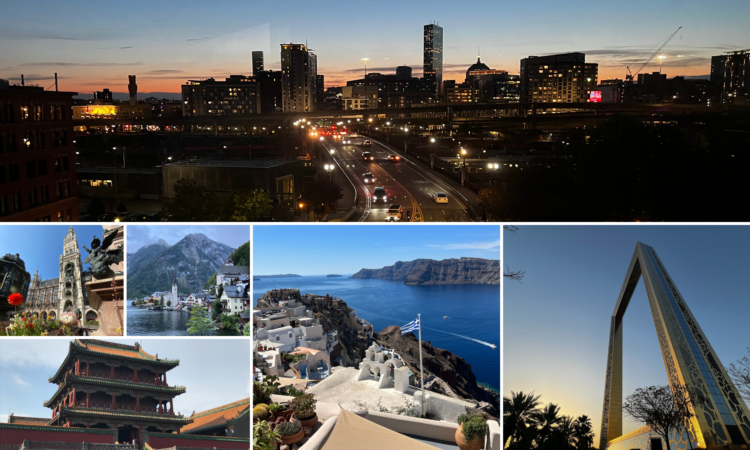 A collage of travel photos by Jena Miller featuring city skylines, ancient temples, mountain landscapes, and seaside villages across Europe, Middle East, Asia, and the United States, reflecting her curiosity, creativity, and love of exploration.