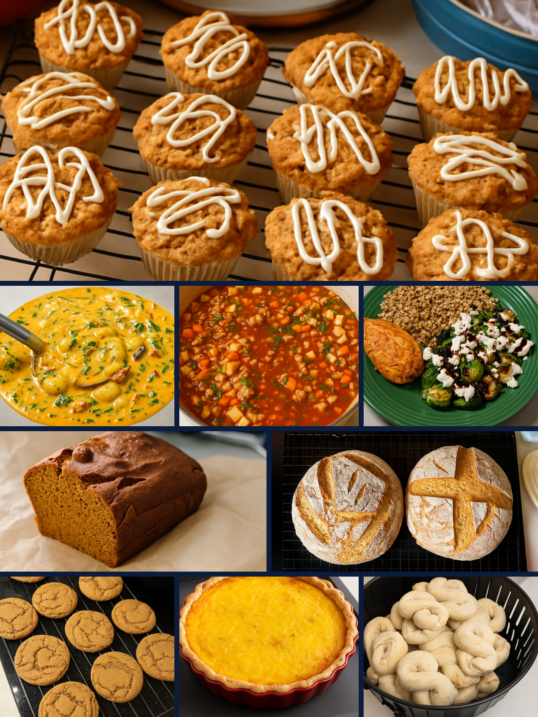 A collage of Jena Miller's homemade baked goods and culinary adventures showcasing creativity, comfort, and the joy of baking and cooking with butter and love.