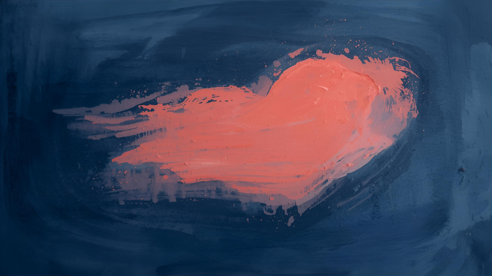 Abstract navy and coral painting with a soft coral shape emerging from a deep blue background. The image conveys a sense of warmth returning and creating identity re-forming.