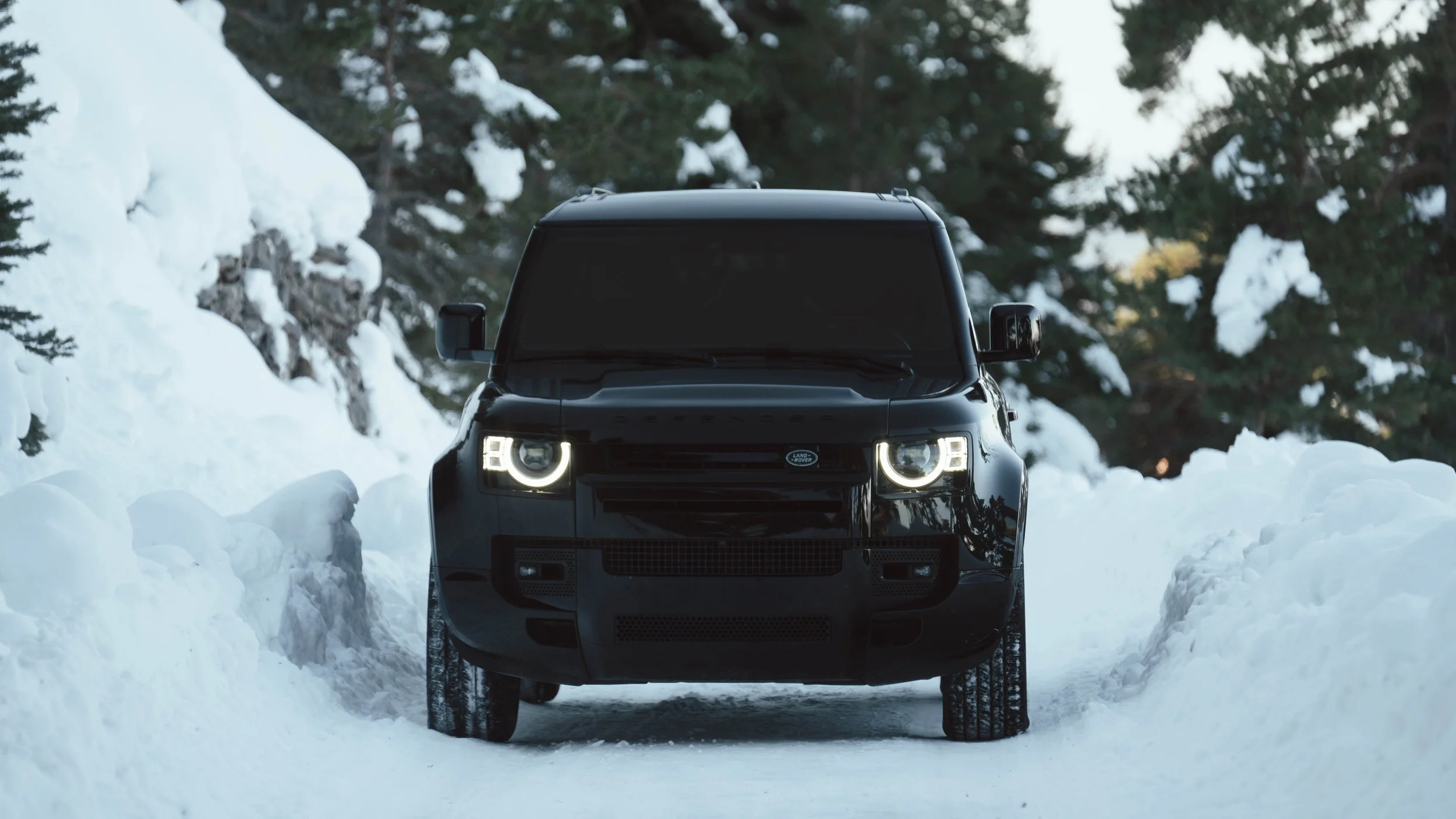 voiture noire Land Rover Discovery Sport en plein air dans la neige, entourée d'arbres enneigés