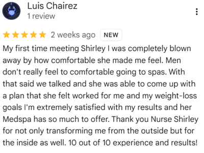A social media review about a spa experience, praising Nurse Shirley for her professionalism and transforming care, with a 5-star rating.