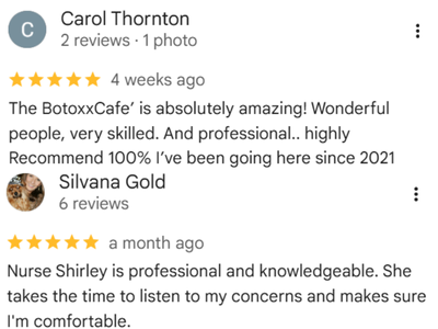 Screenshot of customer reviews for a Botox clinic, featuring five-star ratings and positive comments about the staff and experience.