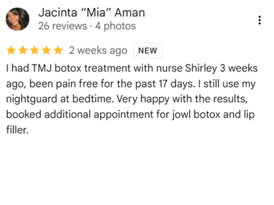 A screenshot of a positive review for Jacinta 'Mia' Aman, mentioning her services including TMJ Botox treatment, nurse Shirley, and satisfaction with results for Jowls Botox and lip filler.