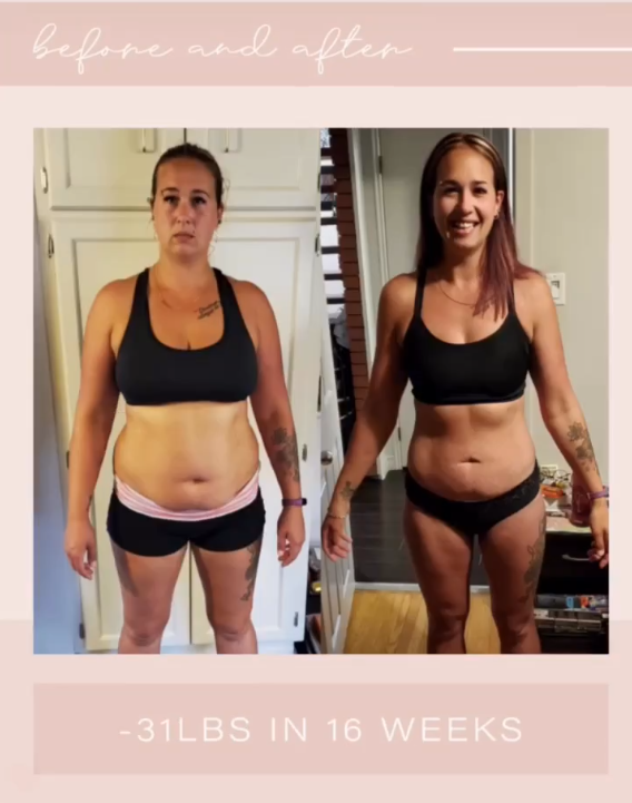 Side-by-side photos of a woman before and after a 16-week weight loss of 31 pounds, showing transformation in body shape and appearance