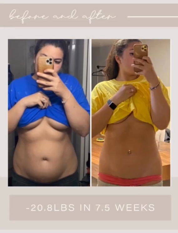 Side-by-side before and after photo of a woman showing weight loss results, with text indicating a weight loss of 20.8 pounds in 7.5 weeks.