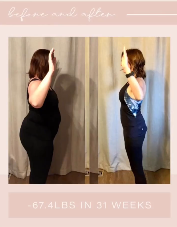 Side-by-side comparison of a woman before and after weight loss, showing her profile in black workout clothing with a curtain in the background.