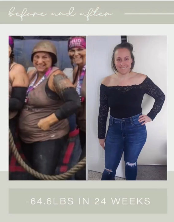 Side-by-side comparison showing a woman before and after weight loss, with a caption indicating a 64.6-pound weight loss in 24 weeks.