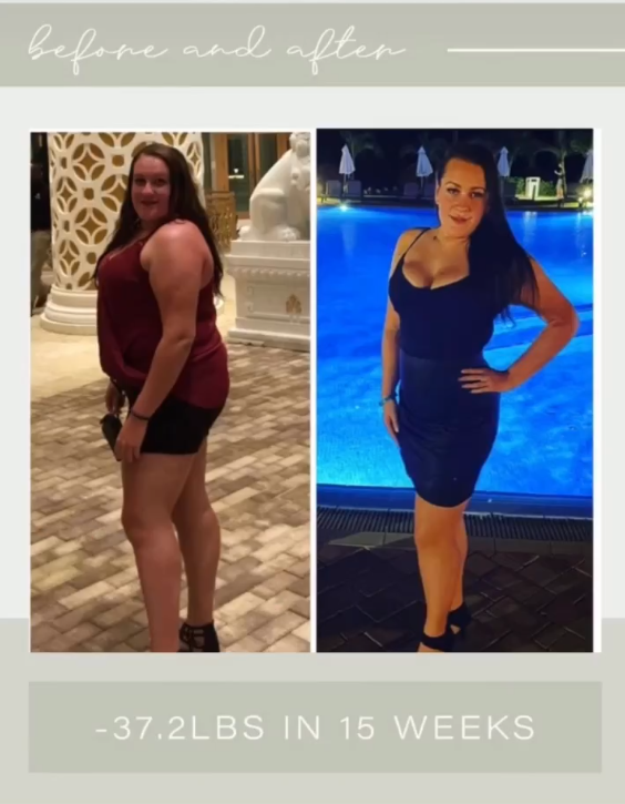 Side-by-side photo showing a woman before and after weight loss, wearing different outfits, with text indicating a 37.2-pound weight loss in 15 weeks.