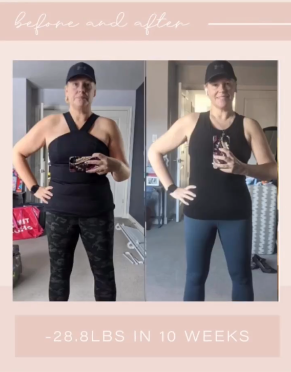 Side-by-side comparison of woman before and after losing 28.8 pounds in 10 weeks, showing her in workout attire, smiling, in a home setting.