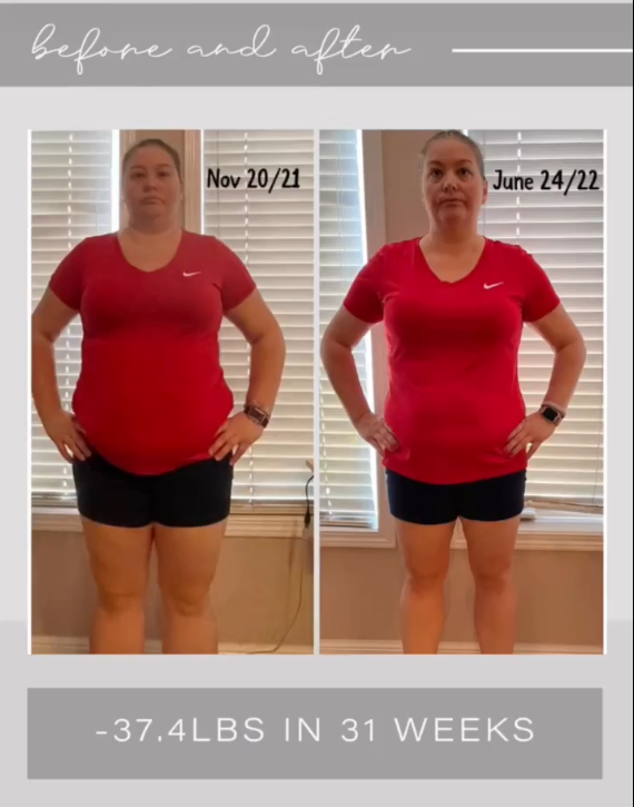 Side-by-side photos of a woman in a red Nike shirt and black shorts, showing her weight loss transformation over 31 weeks, with dates Nov 20/21 and June 24/22, and a caption indicating a 37.4-pound weight loss.