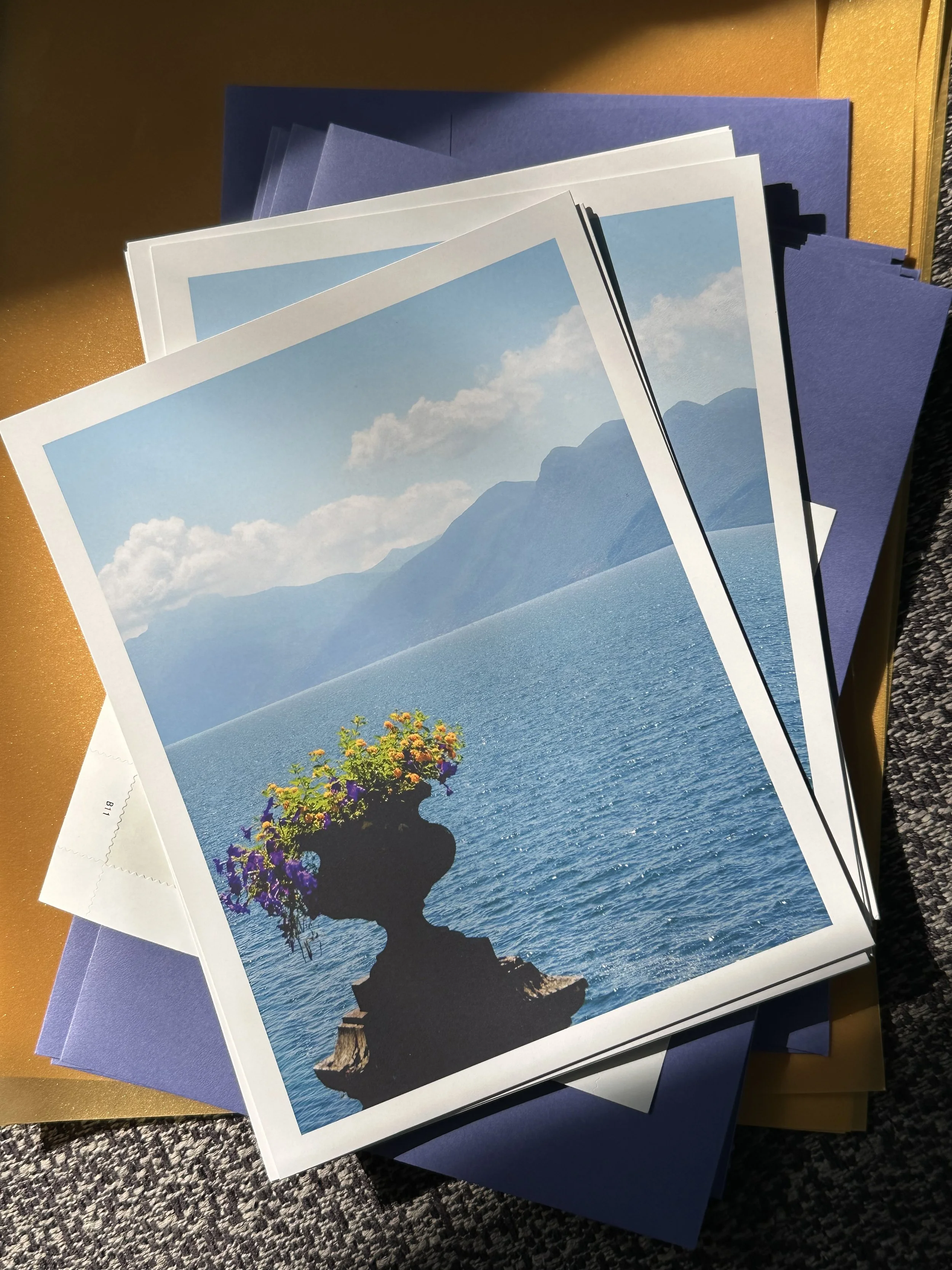 Photograph of printed photos showing a lakeside landscape with mountains in the background, a blue sky with clouds, and a decorative vase with flowers in the foreground.