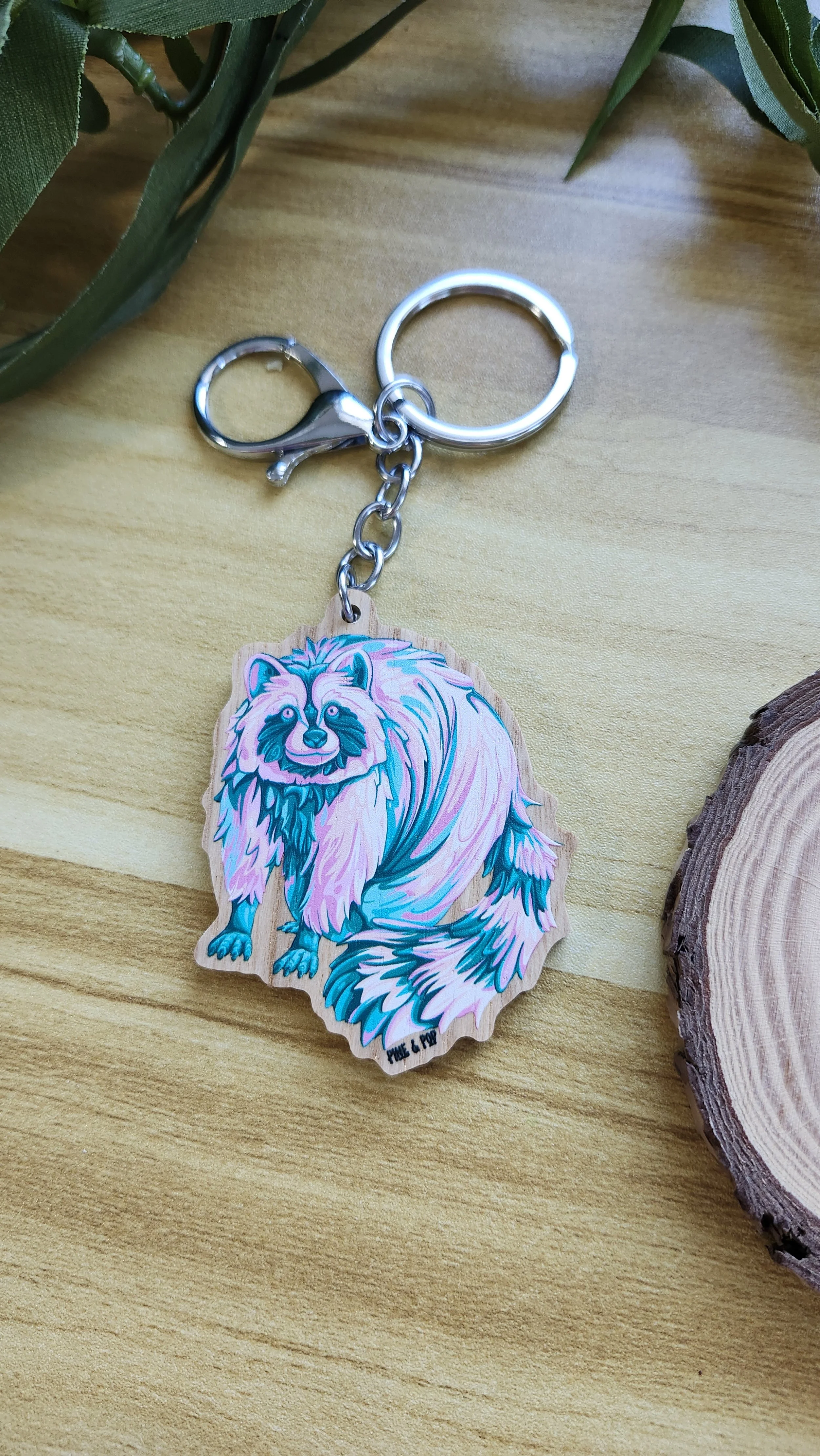 Pastel Raccoon Wooden Keychain