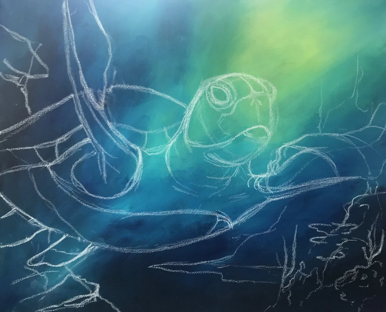 beginning sketch of the sea turtle painting