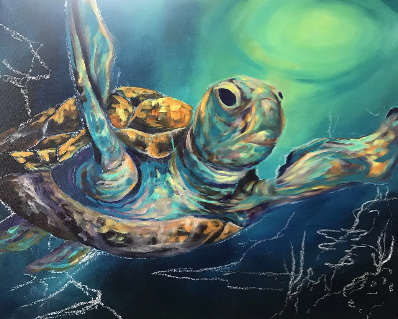 a work in progress view of the sea turtle painting