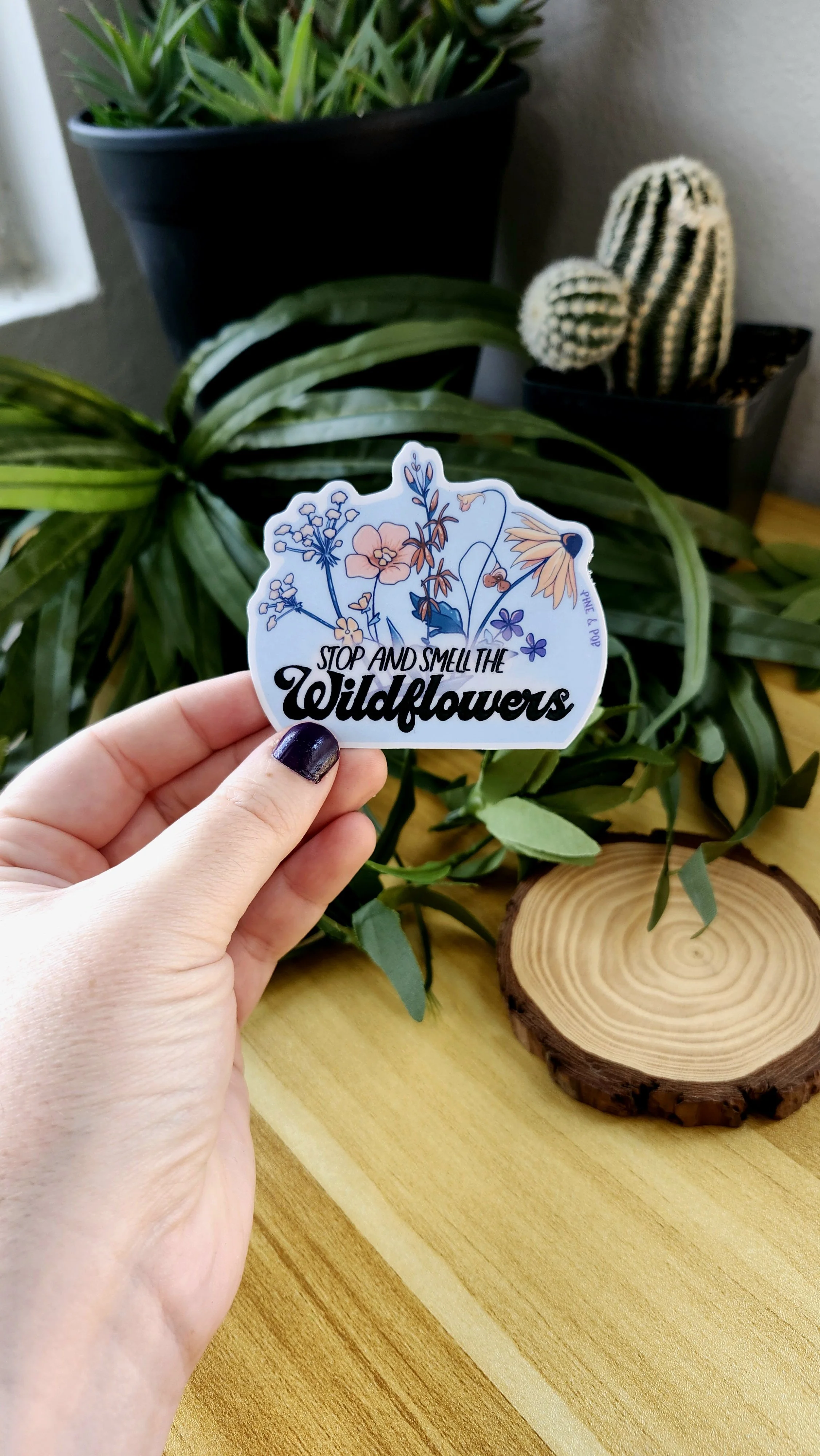 hand holding a sticker with a light blue background depicting various wildflower species found in North Carolina and the phrase Stop and Smell the Wildflowers written near the bottom.