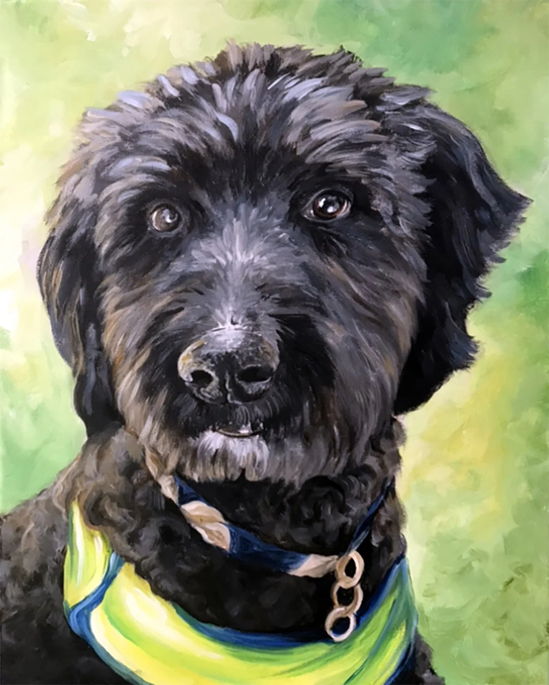 painted pet portrait of black doodle with green and yellow background
