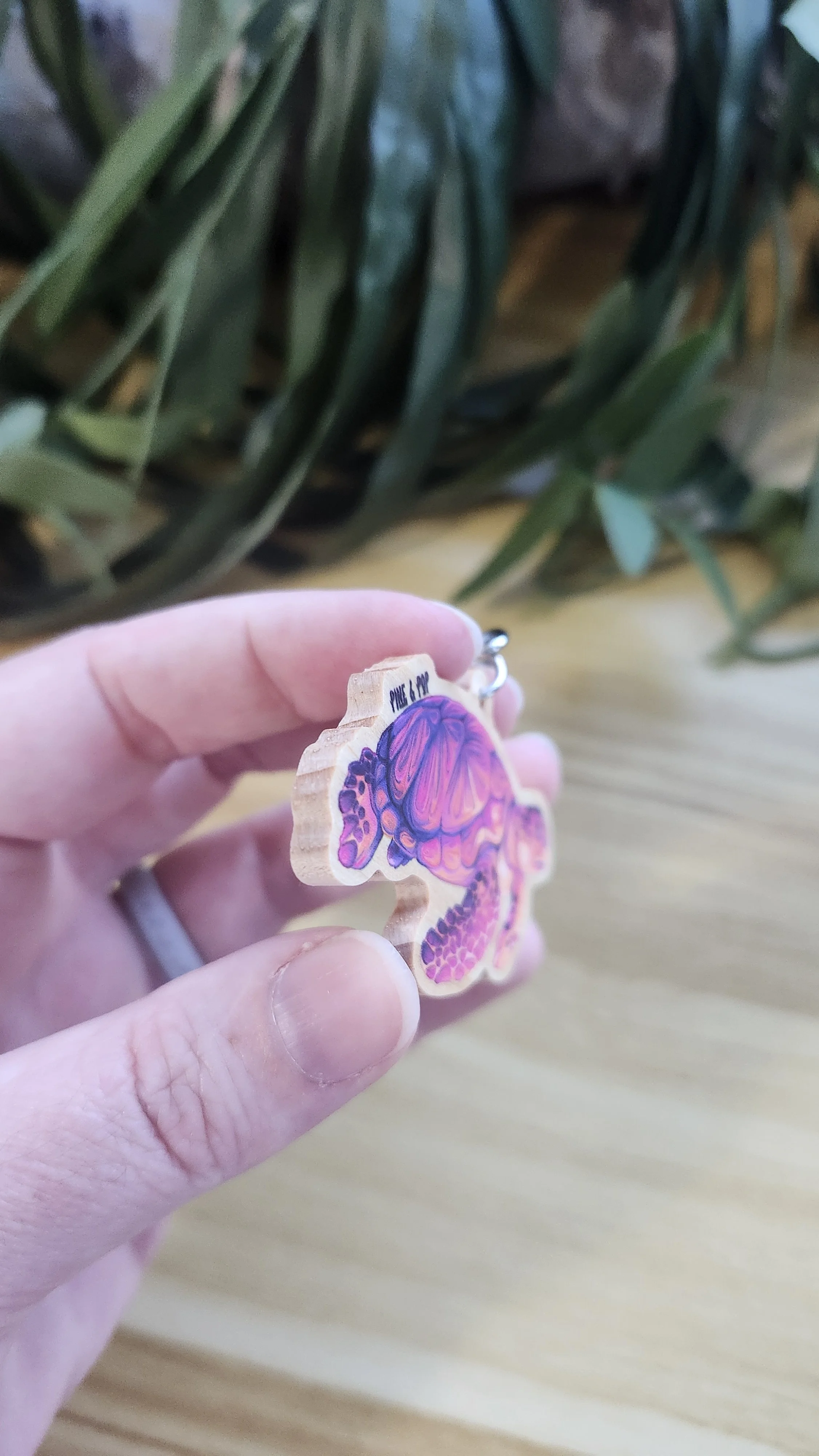 edge of loggerhead sea turtle wooden keychain