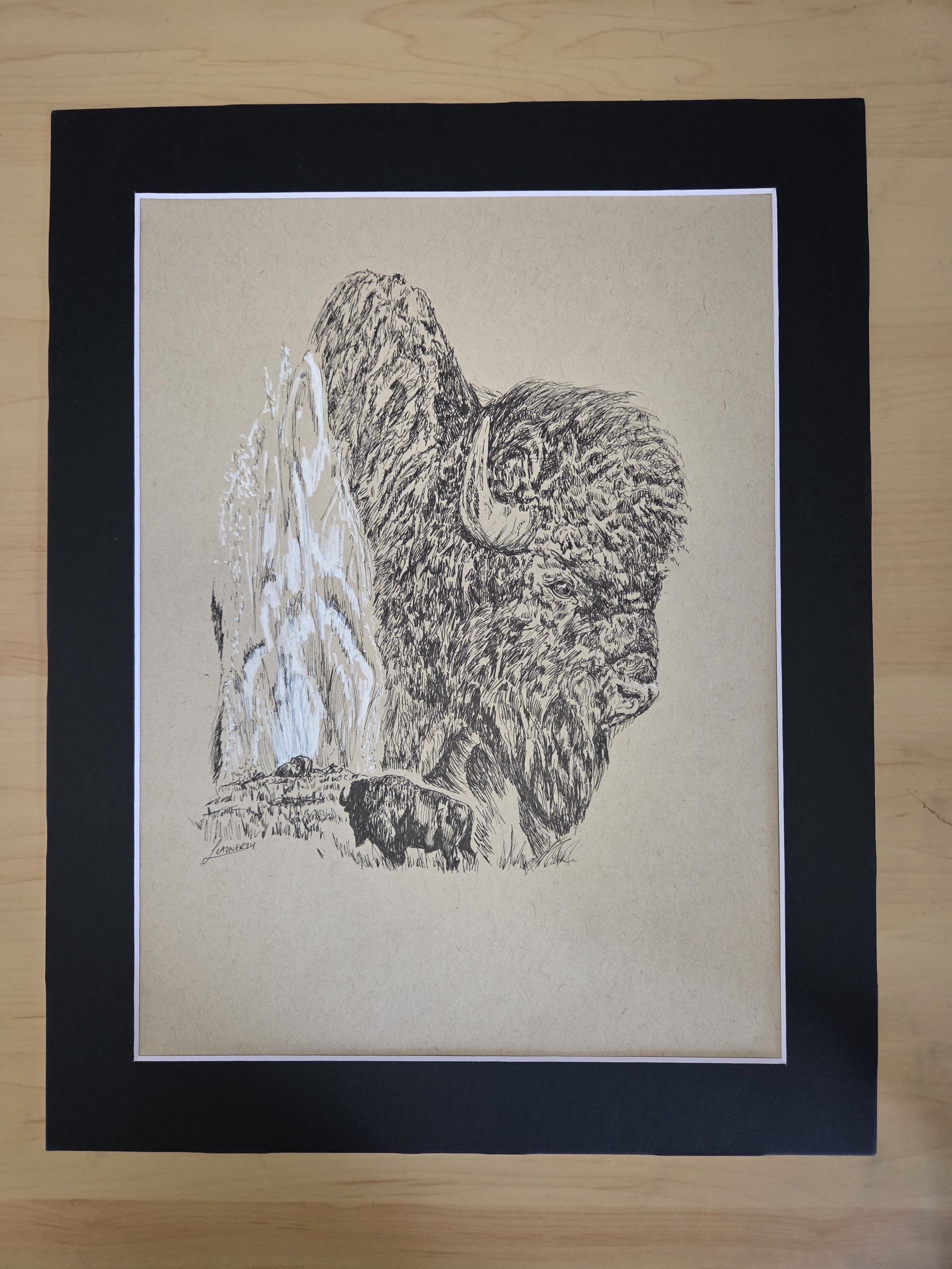 "Old Faithful" Bison and Geyser Drawing