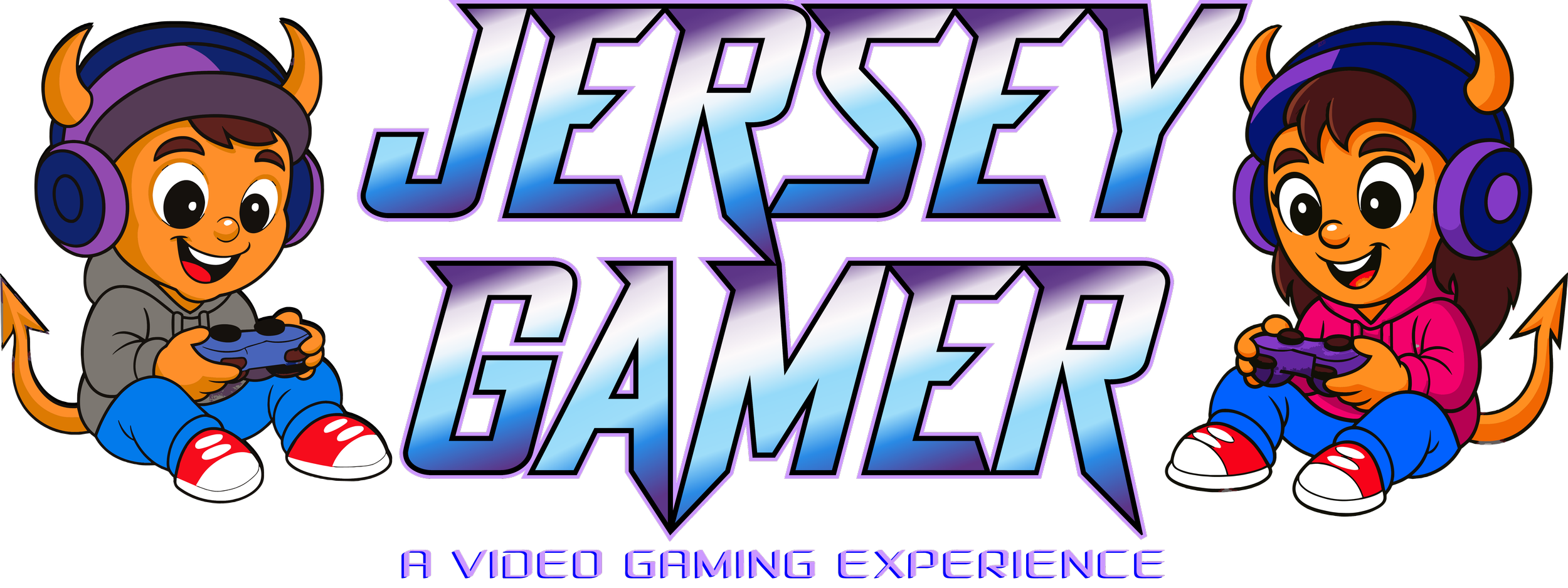 Logo for Jersey Gamer featuring two cartoon characters with devil horns and tails, wearing headphones and holding video game controllers, with the text 'Jersey Gamer' and the tagline 'A Video Gaming Experience'.
