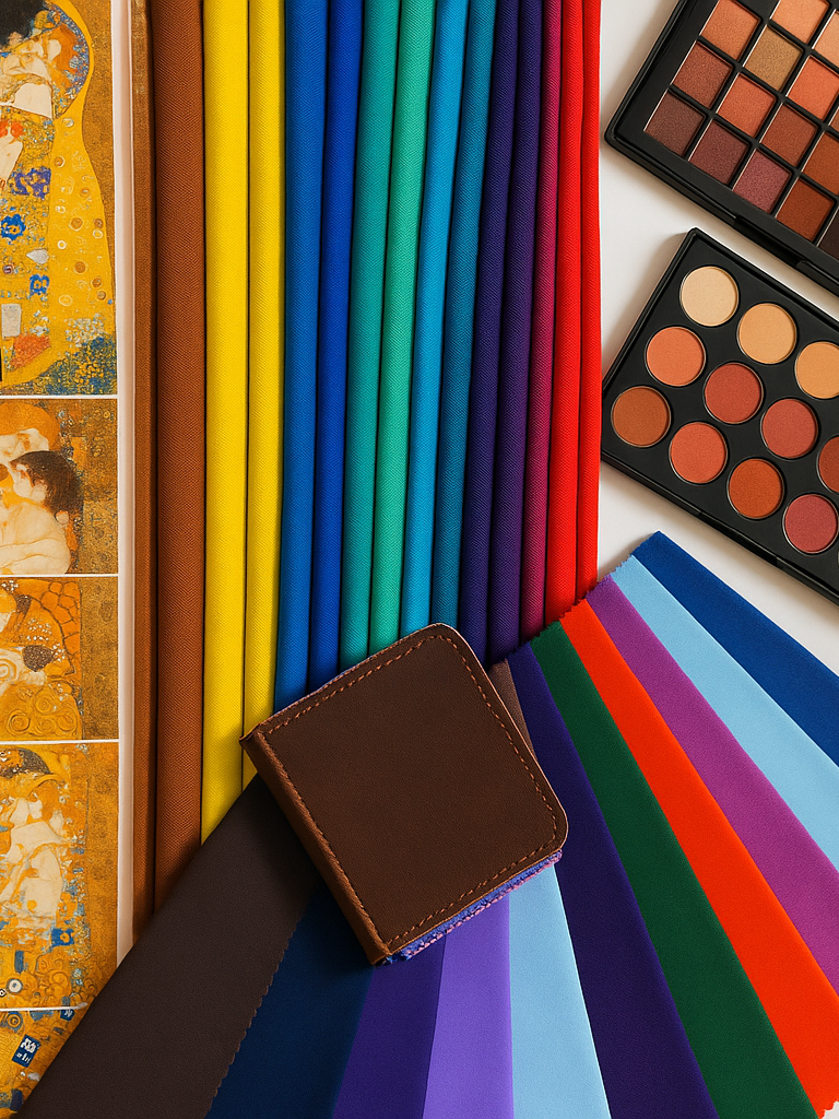 A collection of colorful art supplies including colored pencils, eyeshadow palettes, patterned fabrics, and film strips.