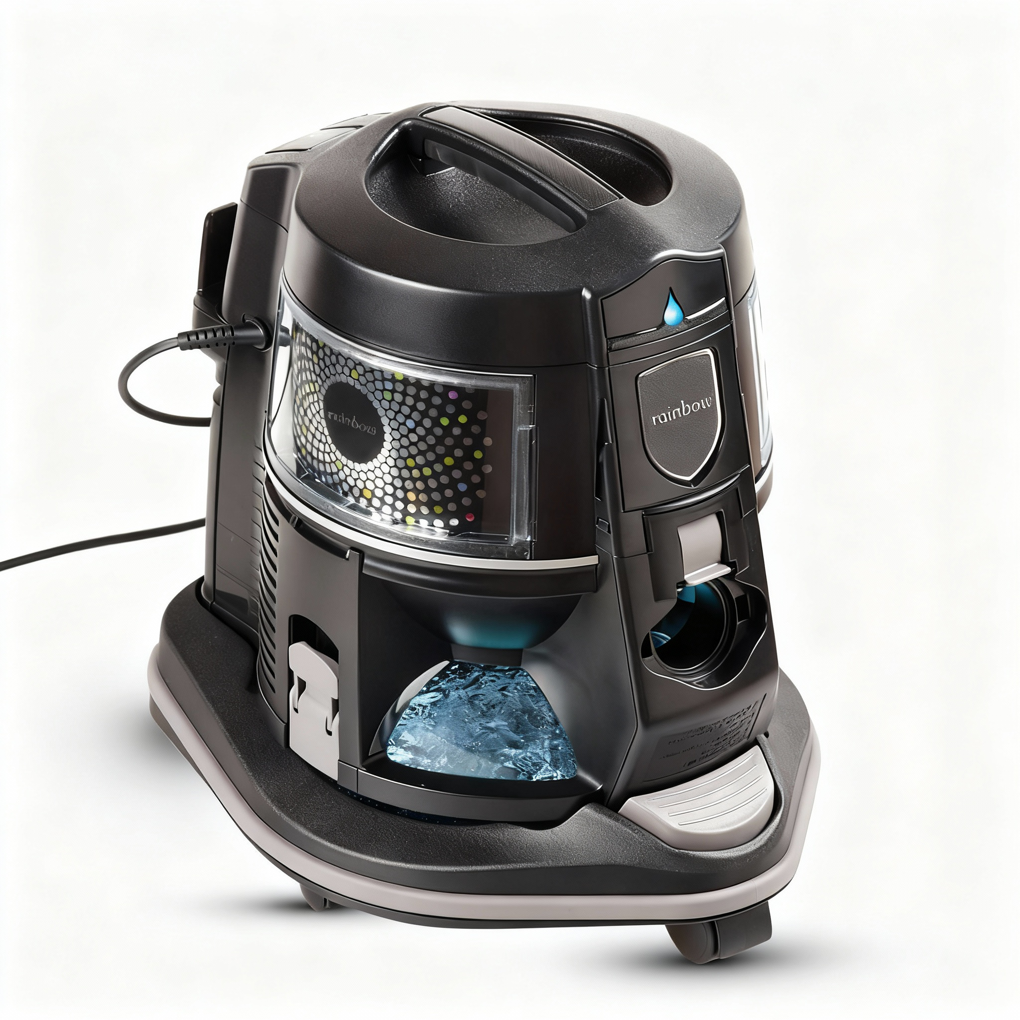 A rainbow vacuum cleaner with a black body, transparent compartment, and a foot pedal, placed on a white background.