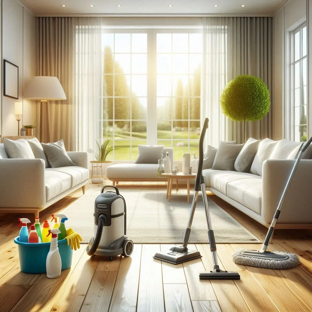 Bright living room with large windows, white sofas with gray pillows, sunlight streaming in, cleaning supplies, vacuum cleaner, and mop in the foreground.